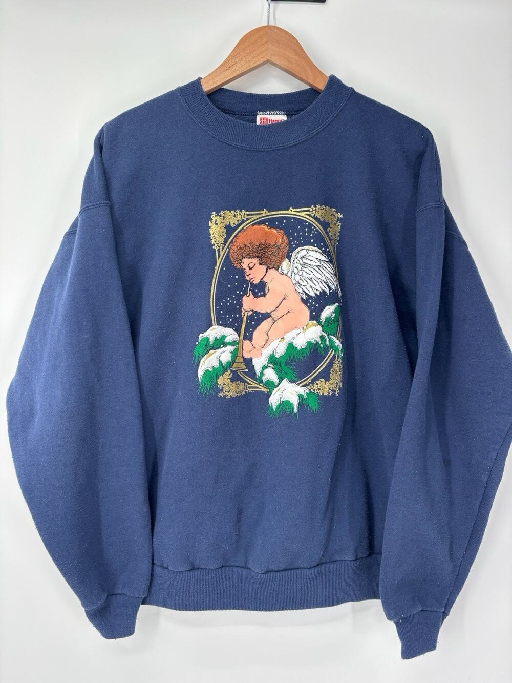 Vintage 80's 90's Angel Cherub Winter Crew Neck Vlue Unisex Cotton XL USA Made